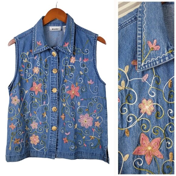 Vintage Denim Sleeveless Top Size Medium Vest Jean Floral Embroidered Vine Pink - Picture 1 of 6